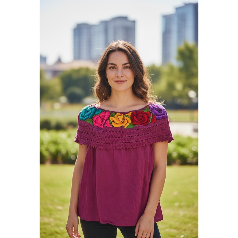 Embroidered Floral Mexican‎ Blouse Peasant Top Colorful Handmade